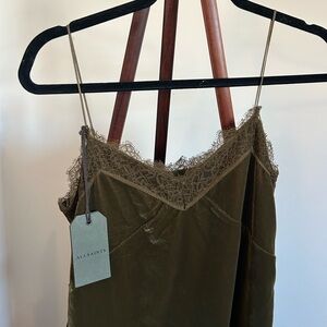 All Saints Noa Velvet Slip Dress in Khaki Green